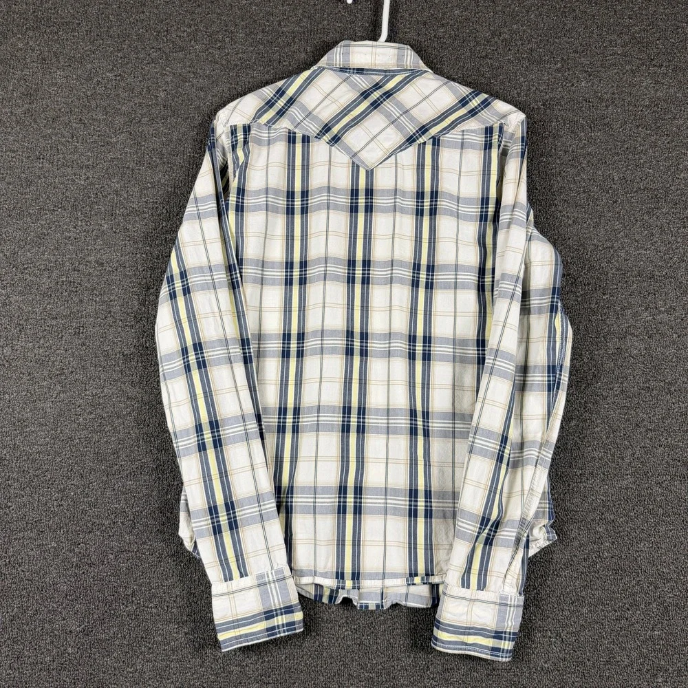 Hollister Mens Plaid Western Pearl Snap Shirt Navy Yellow White Size S Small